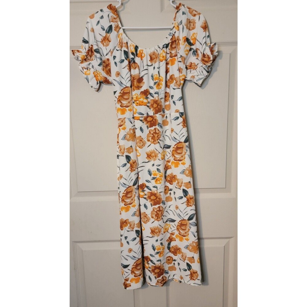 SHEIN White Orange Green Floral Smocked Puff Sleeve Square Neck Midi Dress S